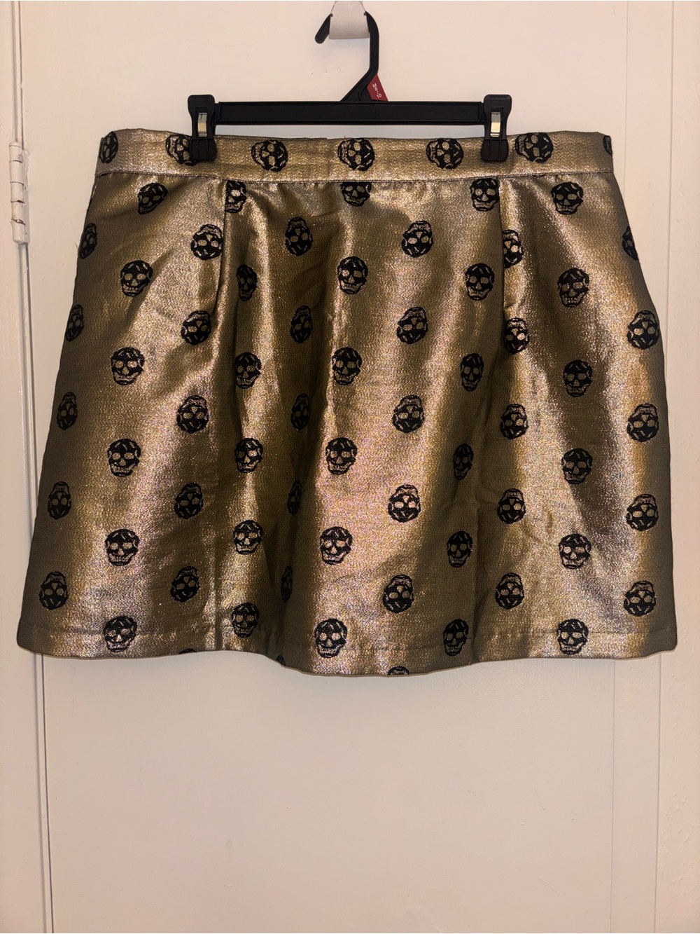ModCloth Gold Metallic Mini Skirt with Black Skull Motif